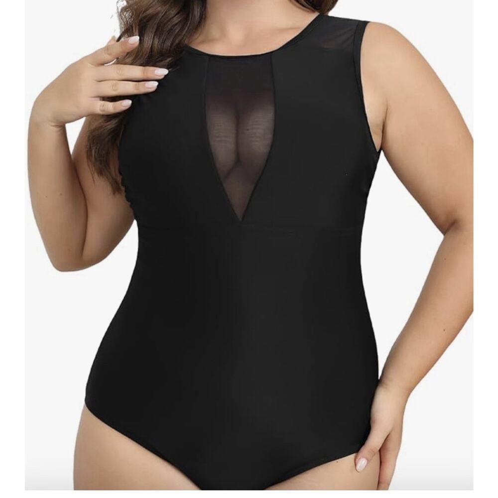 Cupshe Black One Piece Swimsuit 1x Plus Size Mesh Crew Neck Back Tie
